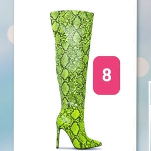 JustFab Neon Green Snake Print Heeled Boots